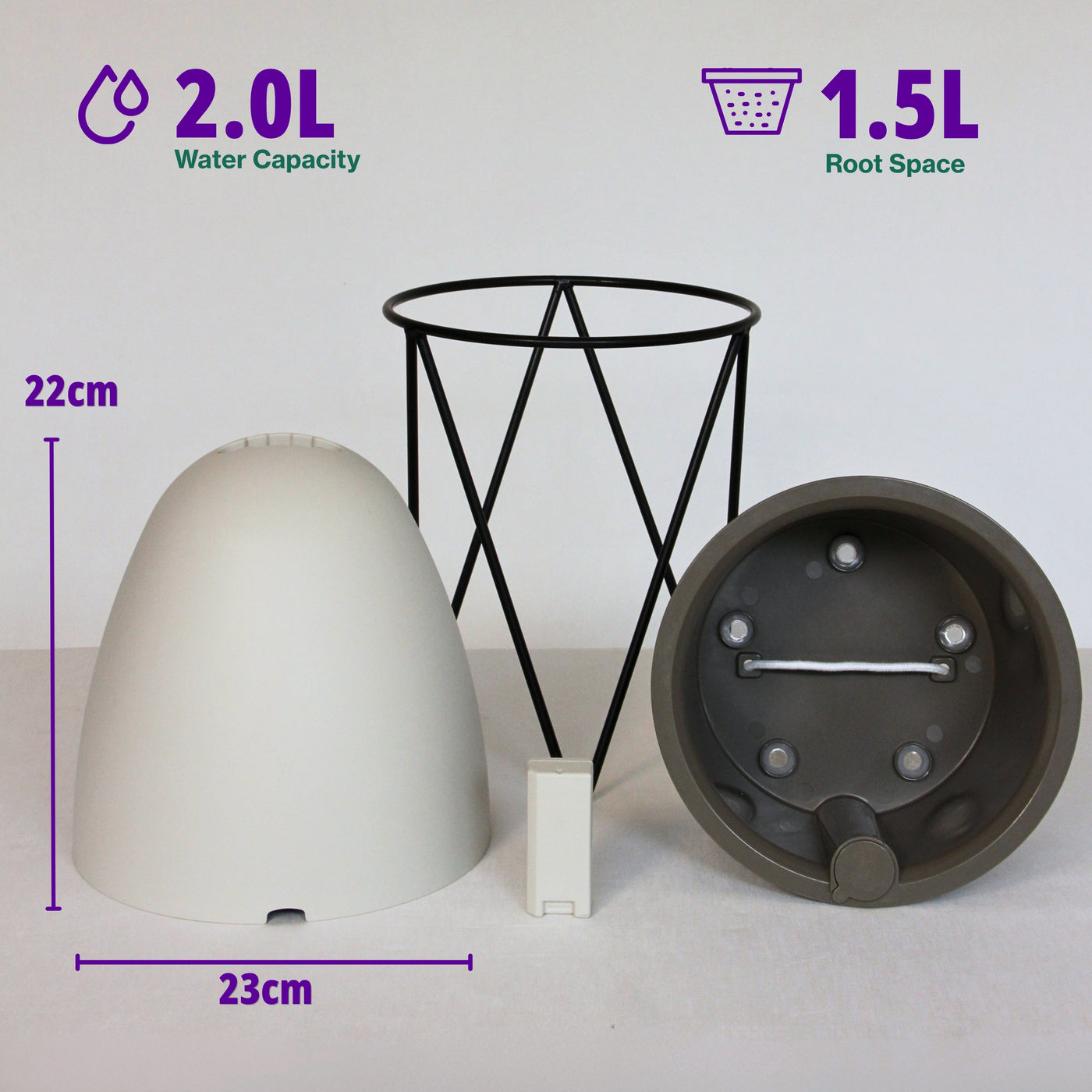 The Egg measured at 23 cm across and 22 cm high, with 2.0 L water capacity and 1.5 L of root space, shown beside its sensor