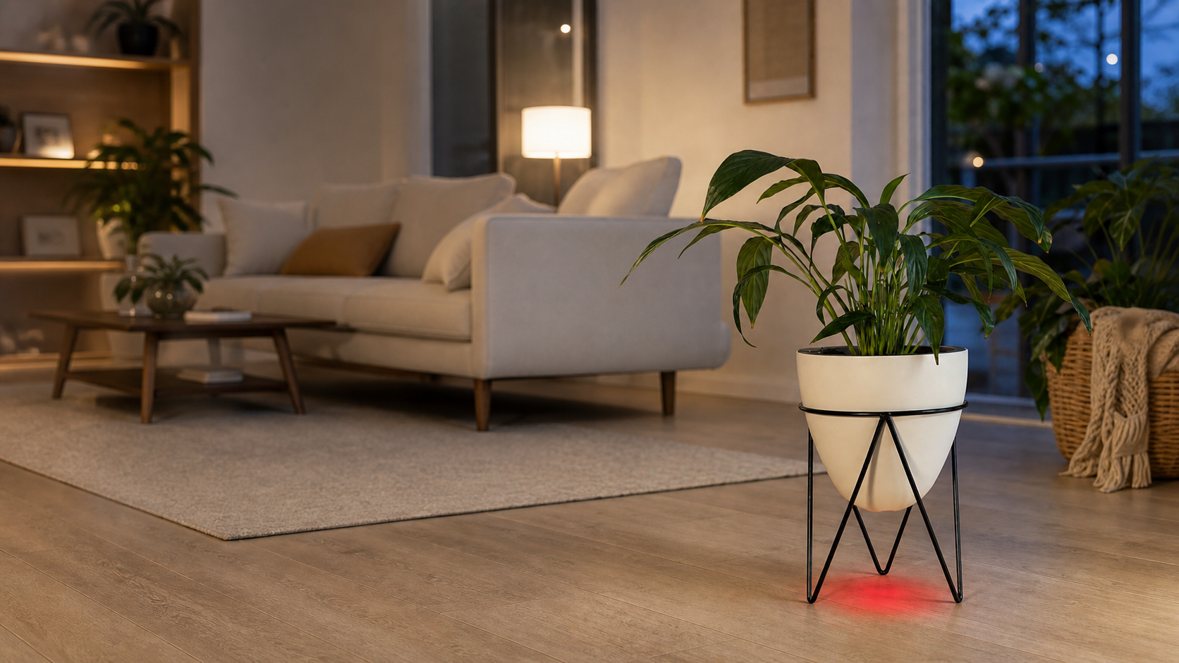 A Thirsty Pot planter in a living room, casting a red refill light onto the floor