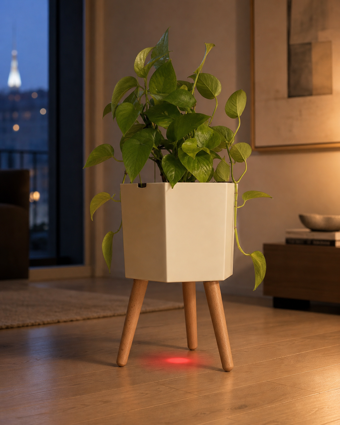 The Hexagon casting its red refill light onto the floor at night