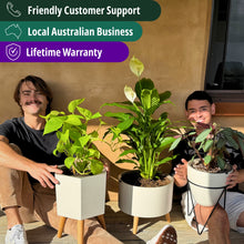 The two Thirsty Pot founders with the range, alongside a promise of friendly support, an Australian business and a lifetime warranty