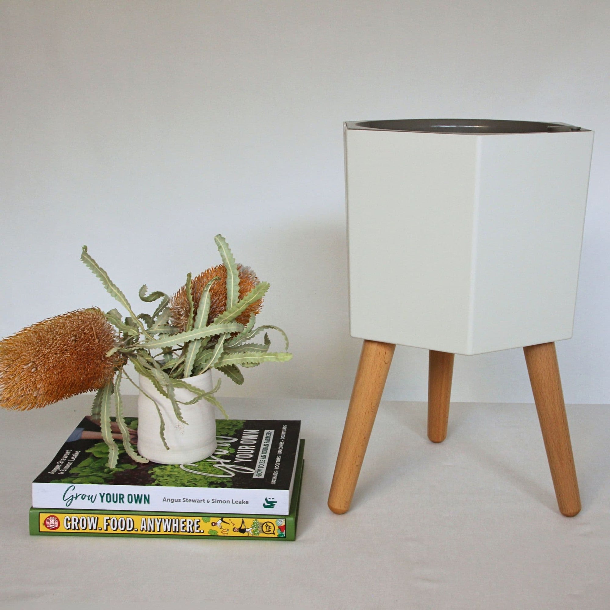 thirstypot hexagon planter studio shot with books and banksia flower